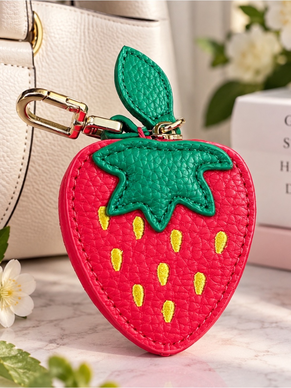 Strawberry Bag Charm Coin Purse – Red & Green Zippered Keychain